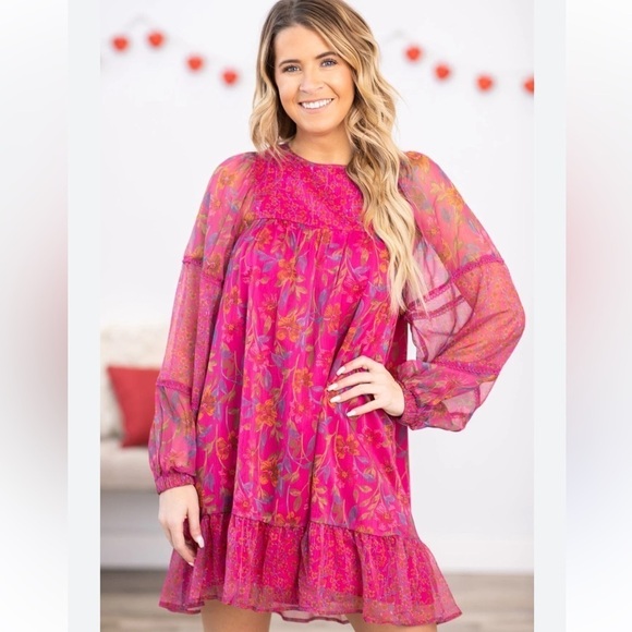 Hailey & Co Dresses & Skirts - Hailey & Co Floral Boho Style Hot Pink  Long Sleeve Dress Size Medium